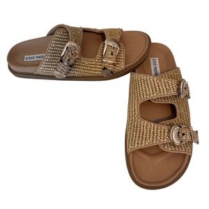 Steve Madden Connely Slide Sandals‎ Women 10 Raffia Double Buckle Studded Raffia